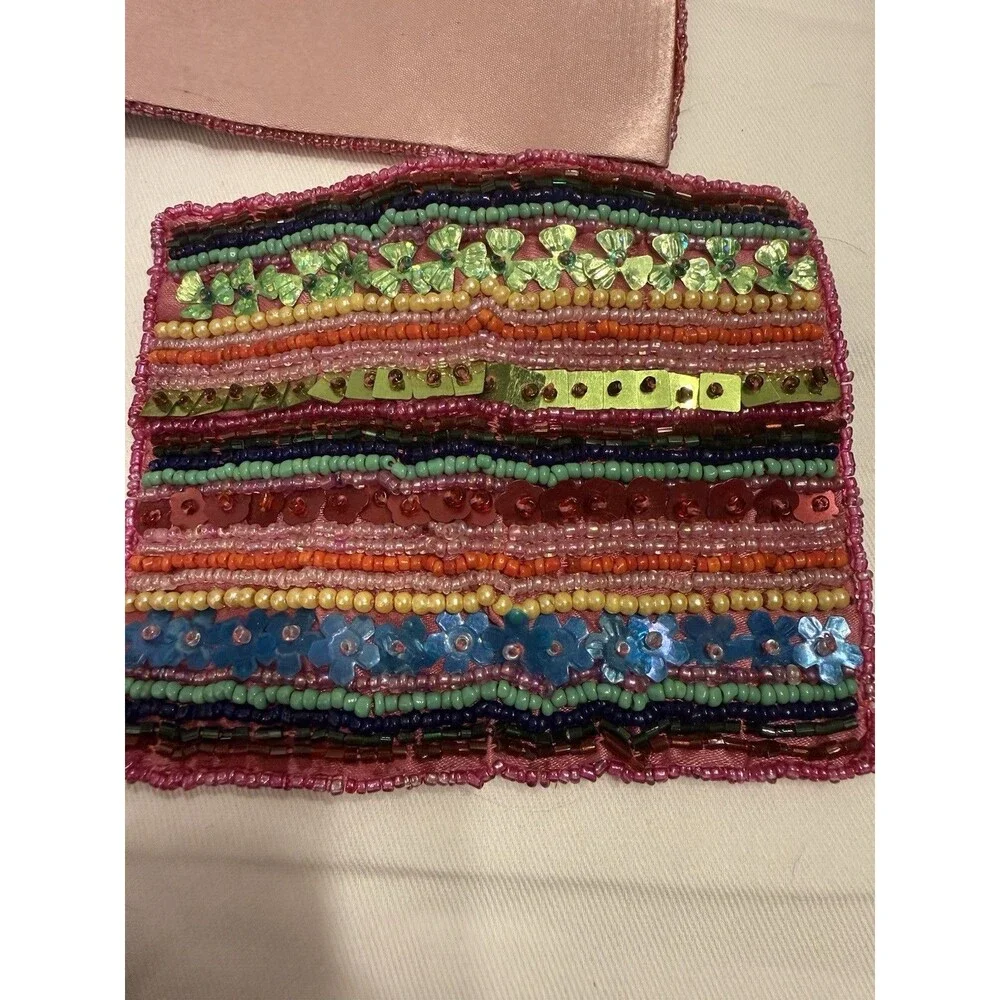 Beautiful Vintage Beaded Multi Colored Square Coasters In A Drawstring Bag.